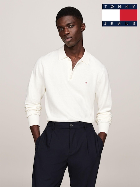 Tommy Hilfiger White Pima Cotton Cashmere Long Sleeve Polo Shirt (AC2595) | AED757