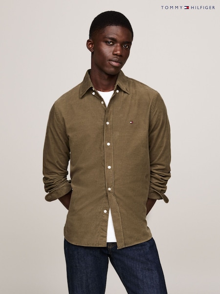 ירוק - Tommy Hilfiger Regular Fit Solid Corduroy 100% Cotton Shirt (AC2619) | ‏453‏₪