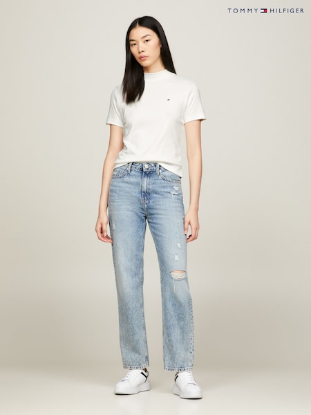 Tommy Hilfiger White Slim Fit Cody Cropped Mock Neck 100% Cotton T-Shirt (AC2932) | €64
