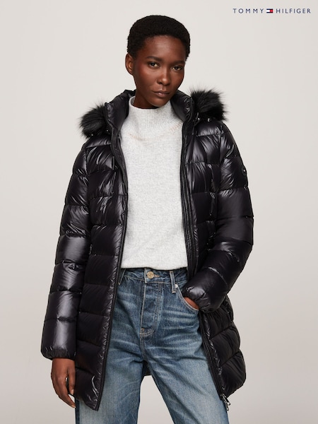 שחור - Tommy Hilfiger Gloss Down Tyra Brown Coat With Faux Fur (AC2953) | ‏1,509‏₪