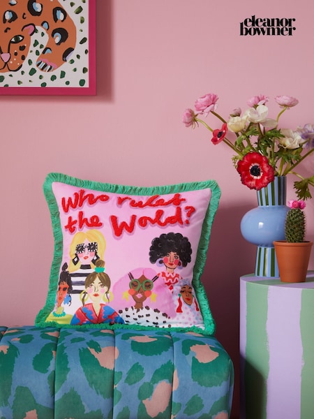 Eleanor Bowmer Pink Who Rules The World Girls Embroidered Fringe Slogan Cushion (AC3115) | €34