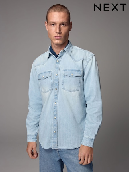 Light Blue 100% Cotton Denim Western Long Sleeve Shirt (AC3168) | €37