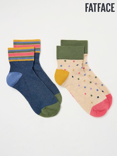 FatFace Blue & Natural Spotty 2 Pack Women's Ankle Socks (AC3252) | 571 UAH