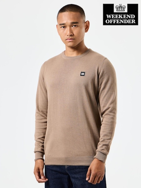 Weekend Offender Mens Solace Crew Neck Knitted 100% Cotton Brown Sweater (AC3707) | €36