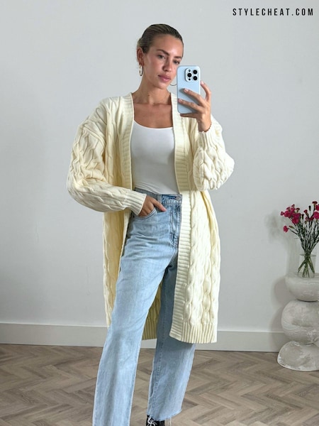 Style Cheat Cream Willa Cable Knit Maxi Cardigan (AC3932) | ₪292