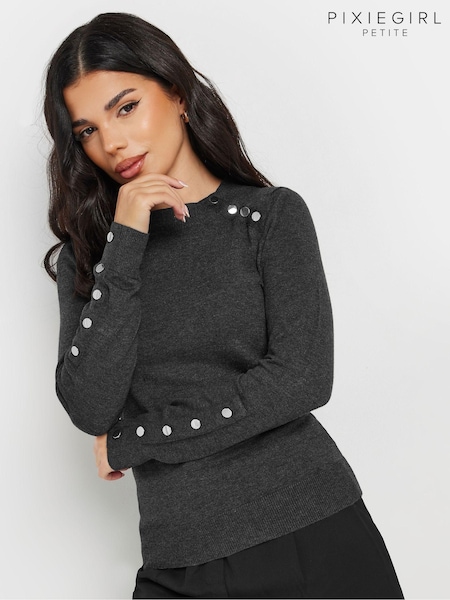 PixieGirl Petite Grey Button Cuff Neck Jumper (AC3941) | AZN 73