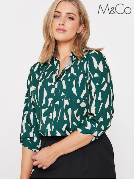 M&Co Blue Large Scale Markings Printed Woven Long Sleeve Collared Top (AC3947) | €17