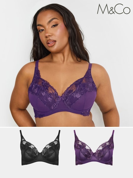 M&Co Purple Florence Floral Embellished Underwired Bra 2 Pack (AC3955) | €34