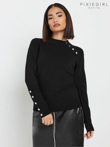 PixieGirl Petite Black Button Cuff Neck Jumper (AC3969) | AZN 73
