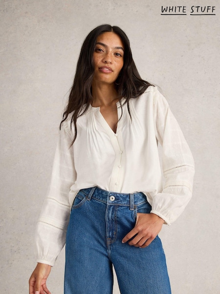 White Stuff Blossom Button Neck Boho 100% Cotton Top (AC3981) | 228 LEI