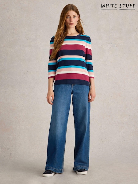 White Stuff Blue Puff Sleeve 100% Cotton T-Shirt (AC3988) | 84 QAR