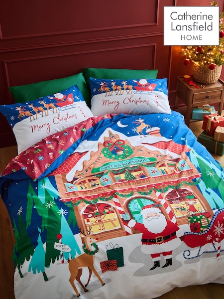 Catherine Lansfield Navy Blue Christmas Santa's Workshop Duvet Cover Set (AC4016) | €24 - €40