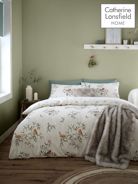 Catherine Lansfield Cream Brushed 100% Cotton Mistletoe Robins Duvet Cover Set (AC4017) | €27 - €47