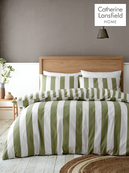 Catherine Lansfield Green Cove Stripe Reversible Duvet Cover Set (AC4031) | ₪85 - ₪141