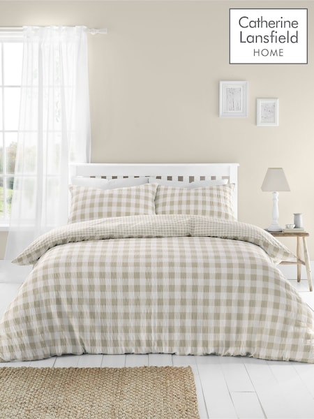 Catherine Lansfield Natural Seersucker Gingham Check Easy Care Duvet Cover Set (AC4035) | €29 - €44