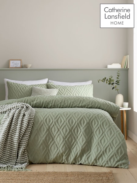 Catherine Lansfield Sage Green Soft Touch Jacob Geo Diamond Duvet Cover Set (AC4036) | 99 QAR - 178 QAR