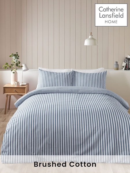 Catherine Lansfield Chambray Blue Brushed 100% Cotton Stripe Duvet Cover Set (AC4051) | €27 - €46