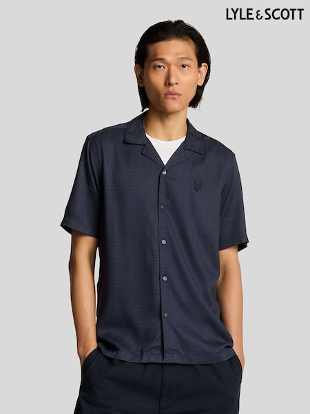 Lyle & Scott Blue Geo Motif Printed Revere Shirt (AC4063) | R$ 640