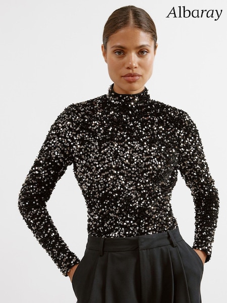 Albaray Velvet Sequin Turtle Neck Black Top (AC4090) | 330 LEI