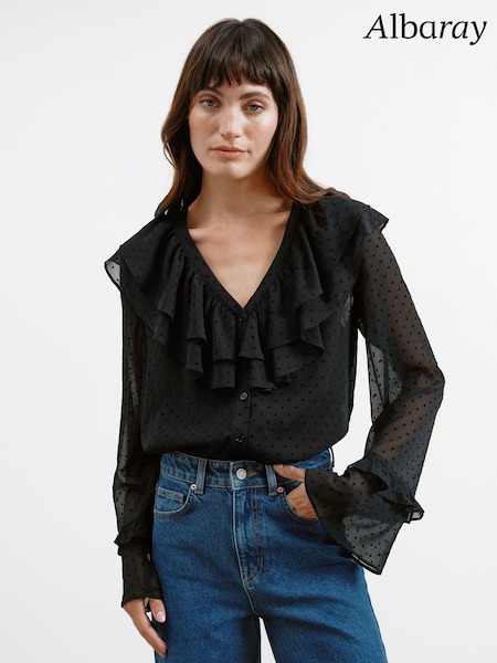 Albaray Flocked Spot Ruffle Black Blouse (AC4138) | 313 LEI