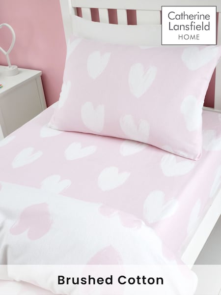 Catherine Lansfield Pink Brushed 100% Cotton Hearts Fitted Sheet (AC4246) | €13 - €20