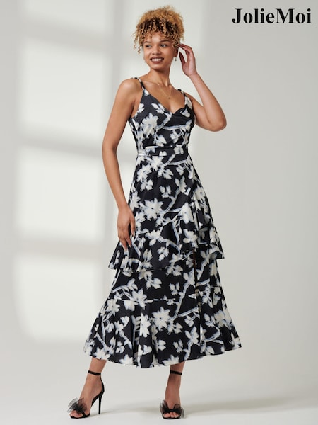 Jolie Moi Black Front Slit Satin Midi Dress (AC4366) | €37