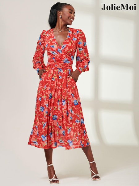 Jolie Moi Red Front Wrap Mesh Midi Dress (AC4369) | 148 QAR