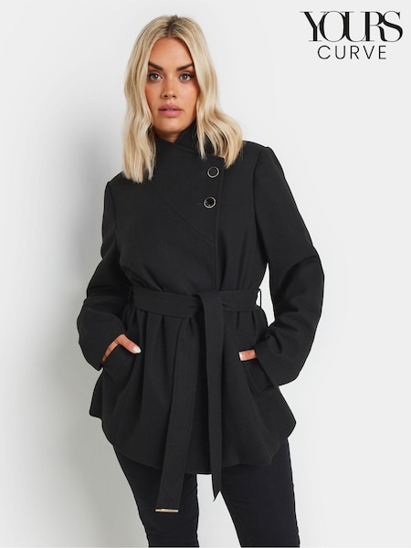 Yours Curve Black Short Wrap Wool Coat (AC4420) | €78