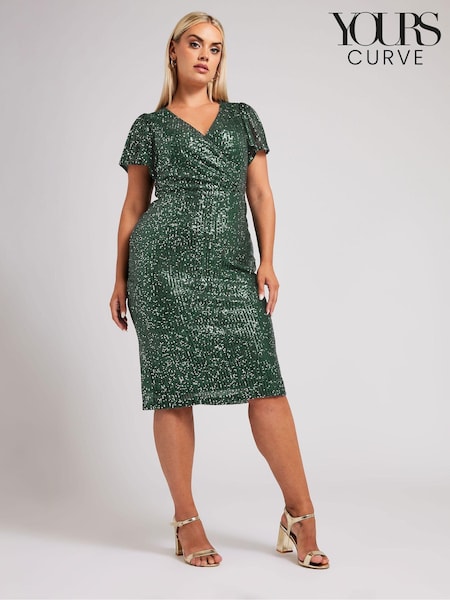 Yours Curve Green London Sequin Wrap Shift Dress (AC4421) | €51