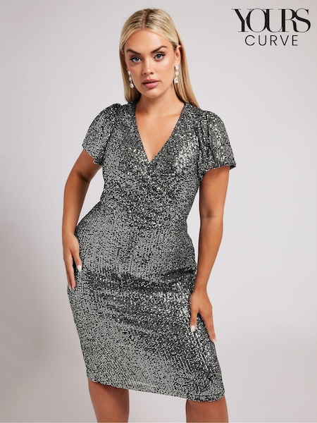 Yours Curve Silver London Sequin Wrap Shift Dress (AC4431) | 161 QAR