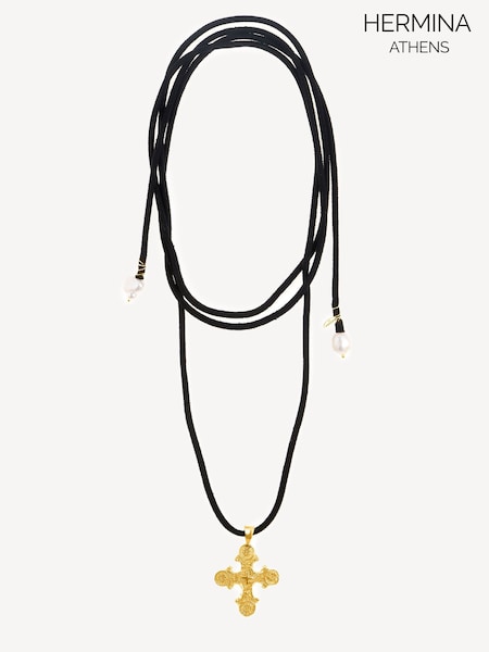 Hermina Athens Gold Plated King Neptune Suede Ebony Necklace (AC4597) | € 273