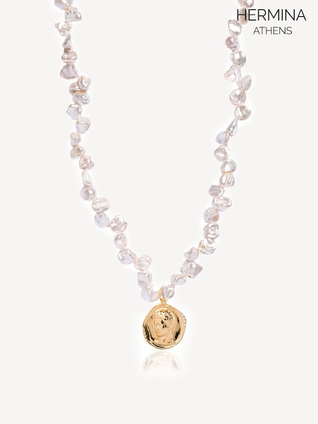 Hermina Athens Gold Plated Hermis Statement Pearl Necklace (AC4600) | AED1,281