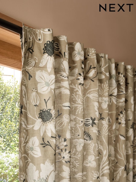 Dark Natural Woodblock Floral Print Linen Blend Hidden Tab Top Lined Curtains (AC4656) | €72 - €161