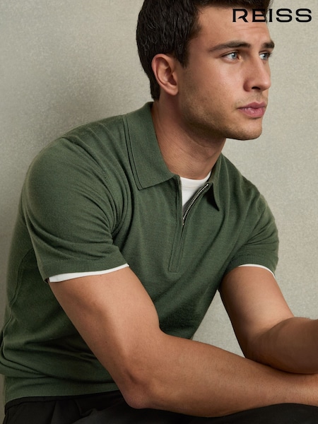 Reiss Dark Kale Green Maxwell Merino Wool Half-Zip Polo Shirt (AC4734) | 647 QAR
