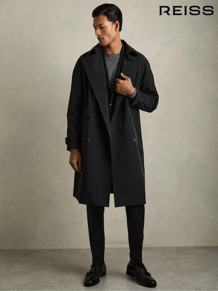 Negru - Reiss Scramble Două rânduri de nasturi Long Trench Coat (AC4761) | 2,706 LEI