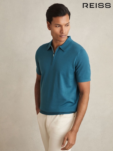 Reiss Deep Teal Blue Maxwell Merino Wool Half-Zip Polo Shirt (AC4766) | €125