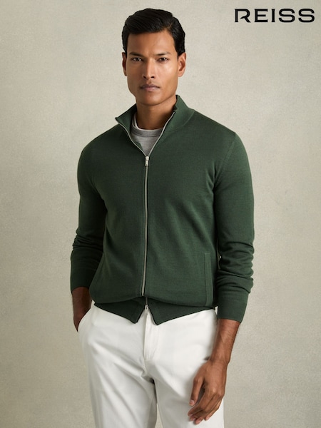 Reiss Dark Kale Green Hampshire Merino Wool Funnel-Neck Cardigan (AC4771) | €126