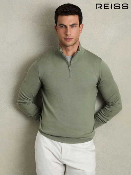 Reiss Herb Green Blackhall Merino Wool Half-Zip Funnel Neck Jumper (AC4778) | €142