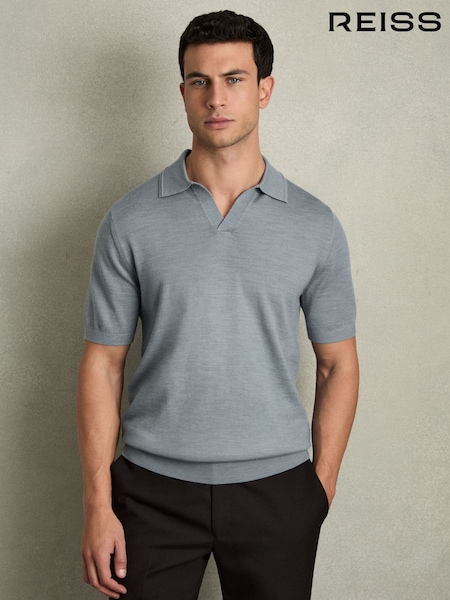Reiss Soft Blue Melange Duchie Merino Wool Open Collar Polo Shirt (AC4787) | $180