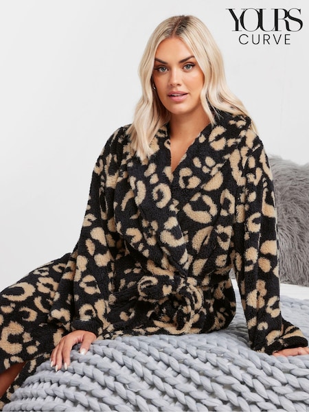 Yours Curve Fluffy Animal Print Shawl Collar Robe (AC4832) | 47 €