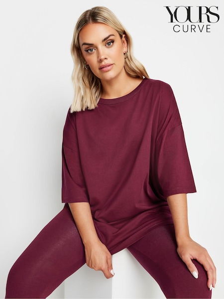 Yours Curve Burgundy Red Boxy 100% Cotton T-Shirt (AC4856) | AED111