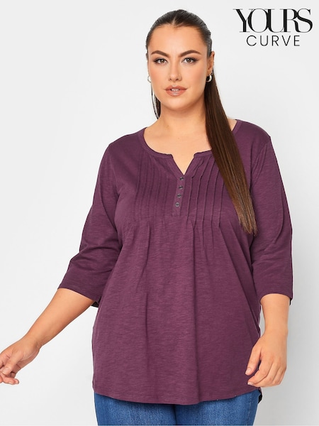 Yours Curve Burgundy Red Pintuck Button Henley 100% Cotton T-Shirt (AC4873) | €29