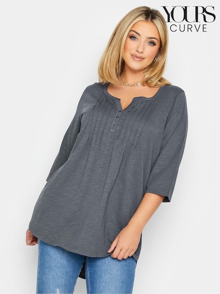 Yours Curve Grey Pintuck Button Henley 100% Cotton T-Shirt (AC4876) | €28