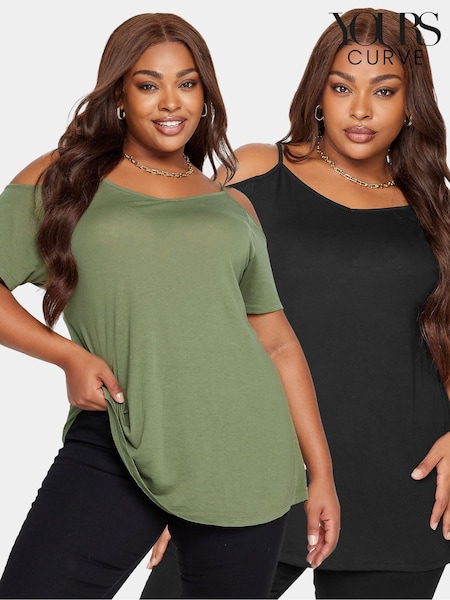 Yours Curve Black Cold Shoulder T-Shirts 2 Pack (AC4882) | 134 QAR