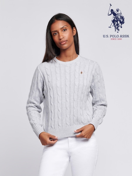 U.S. Polo Assn. Grey Womens Crew Neck Cable Knit Pink Jumper (AC4933) | €77