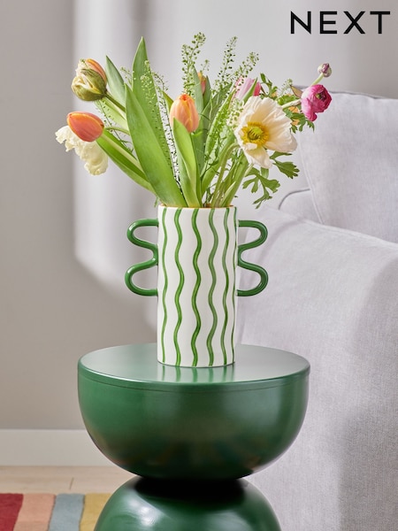 White/Green Ceramic Wiggle Handle Vase (AC5004) | CA$50