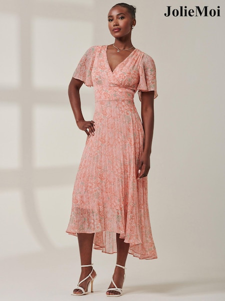 Jolie Moi Chorm Pink Chelsea Pleated Chiffon Dip Hem Maxi Dress (AC5018) | ₪397