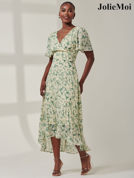 Jolie Moi Dark Green Chelsea Pleated Chiffon Dip Hem Maxi Dress (AC5020) | AED161