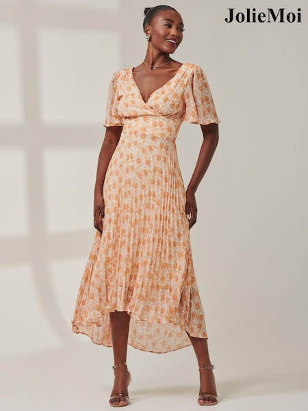 Jolie Moi Orange Chelsea Pleated Chiffon Dip Hem Maxi Dress (AC5029) | ₪397