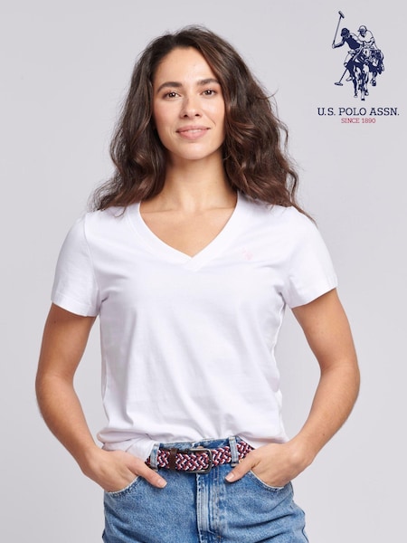 أبيض - U.S. Polo Assn. Regular Fit Womens V-Neck 100% Cotton T-Shirt (AC5234) | ‏146 د.إ.‏